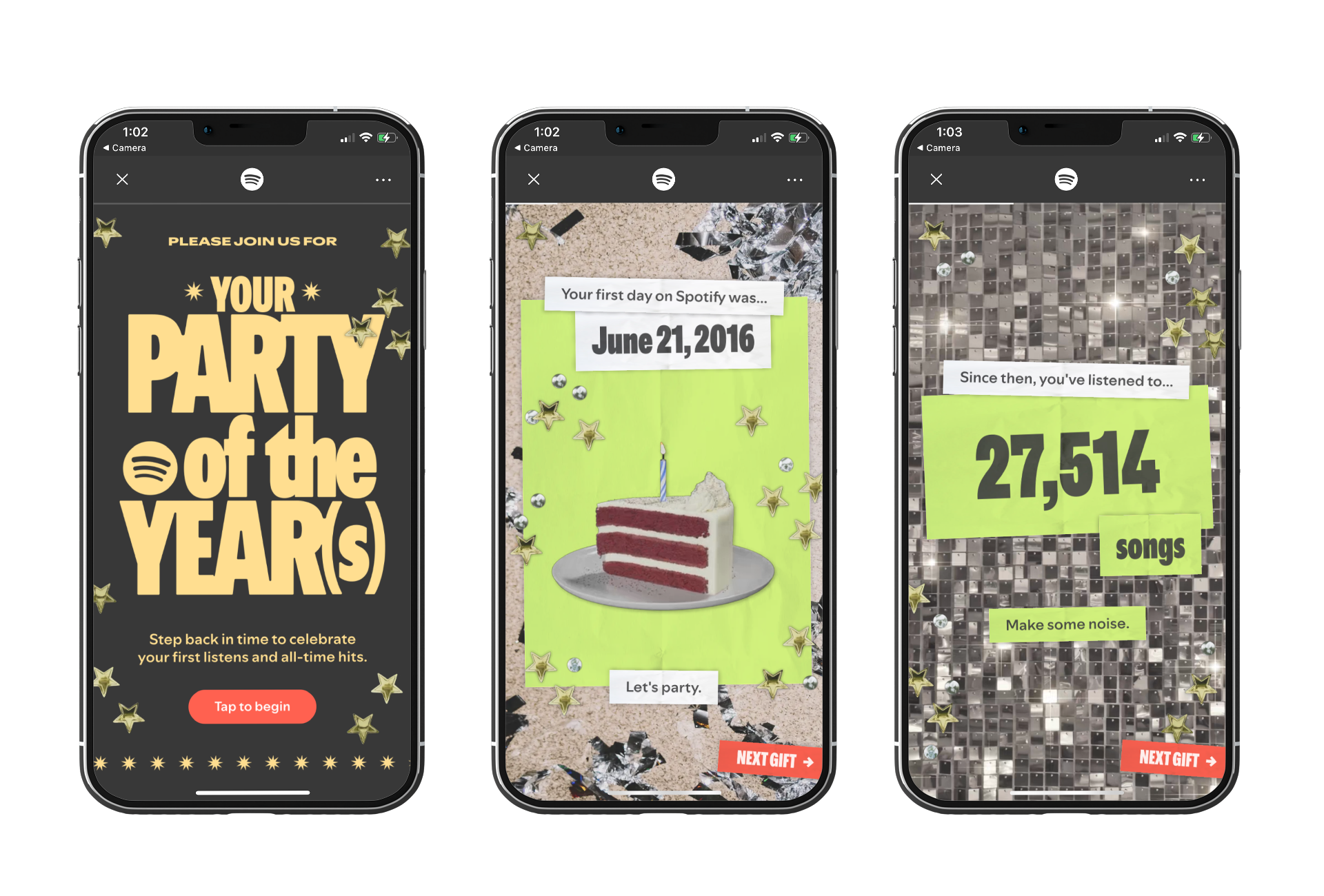 Spotify UX, Your Party of the Year(s) experience showing music history, nostalgia, and listening evolution